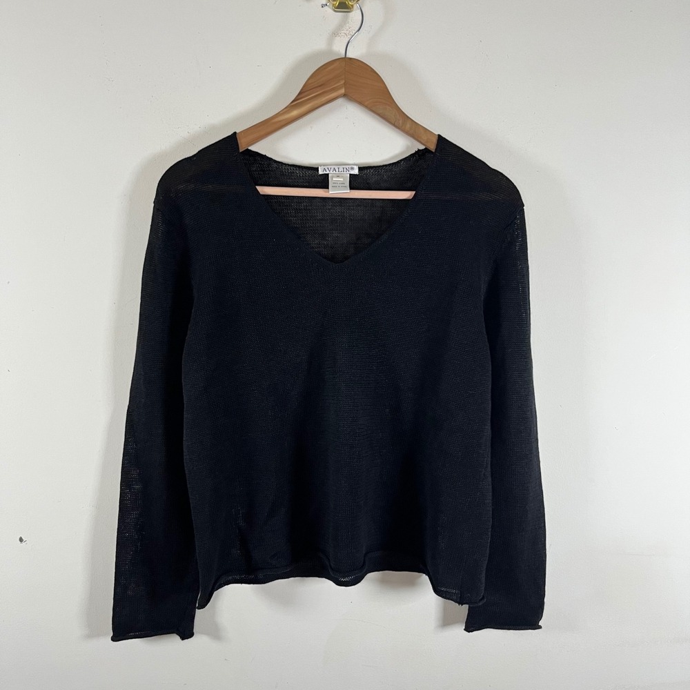 Avalin Linen V-Neck Sheer Knit Sweater Boxy Fit Black Minimalist Chic Medium